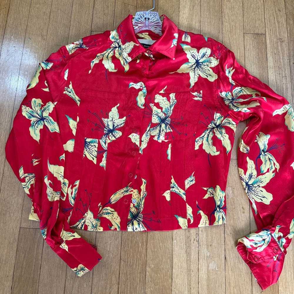 Plein Sud Blouse Shirt Red with Yellow flowers Size medium to large